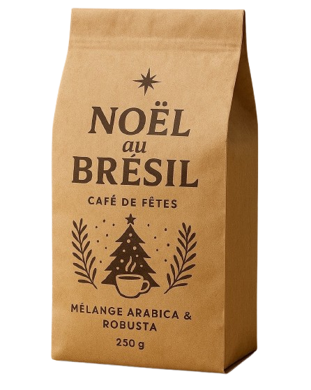 café de Noël brésilien corsé avec créma onctueuse et décor de fête chaleureux